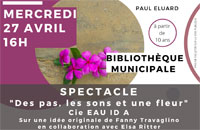 Lire la suite à propos de l’article BIBLIOTHÈQUE : LE MERCREDI 27 AVRIL A 16H SPECTACLE « CIE EAU ID A »