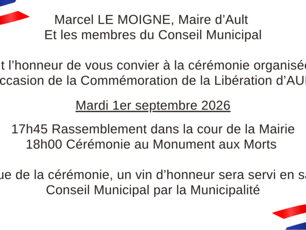 COMMÉMORATION DE LA LIBÉRATION DE AULT LE 1er SEPTEMBRE 2026